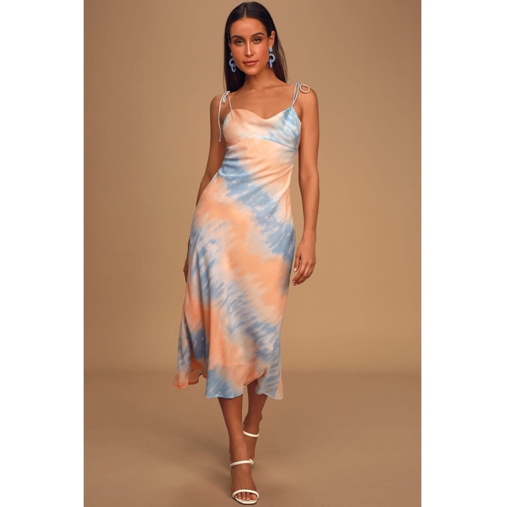 Sweet Sunsets Blue and Orange Tie-Dye Tie-Strap Midi Slip Dress